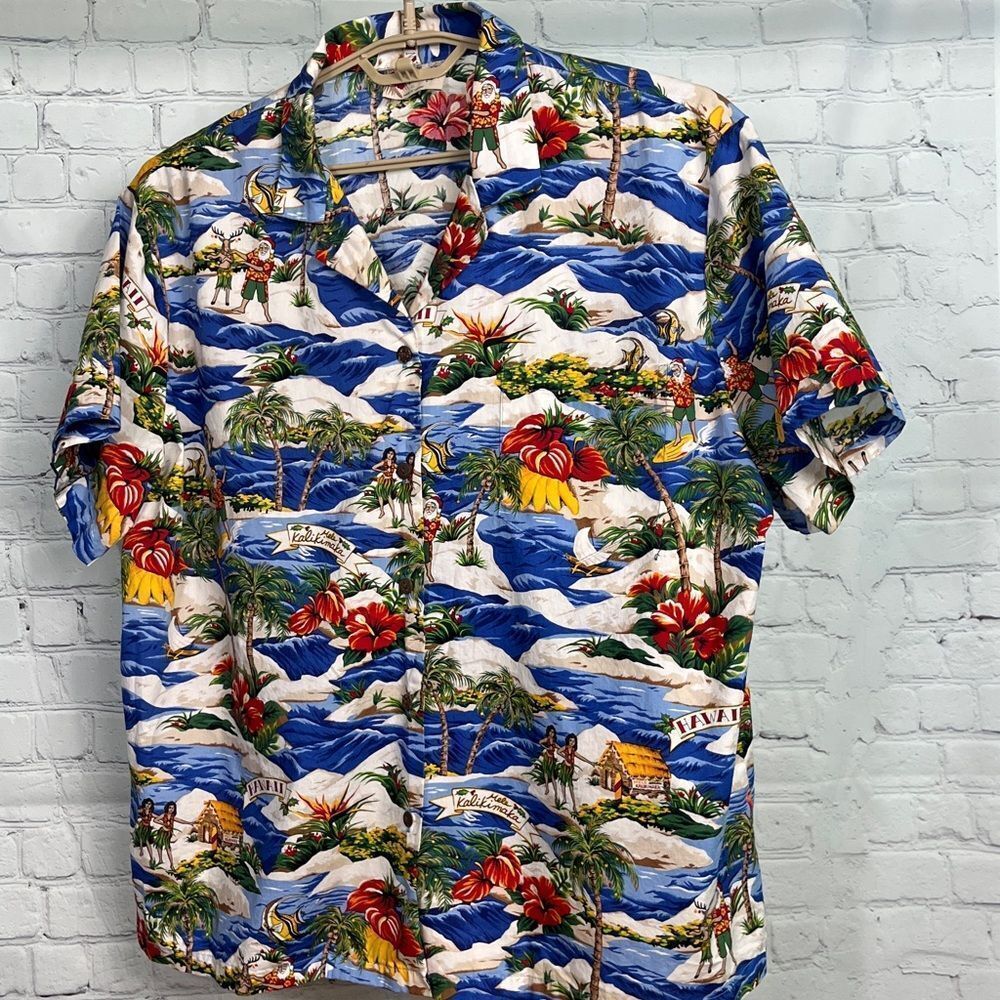 Vint. Hilo Hattie Hula Santa Claus Reindeer Christmas RARE USA Hawaiian Shirt XL